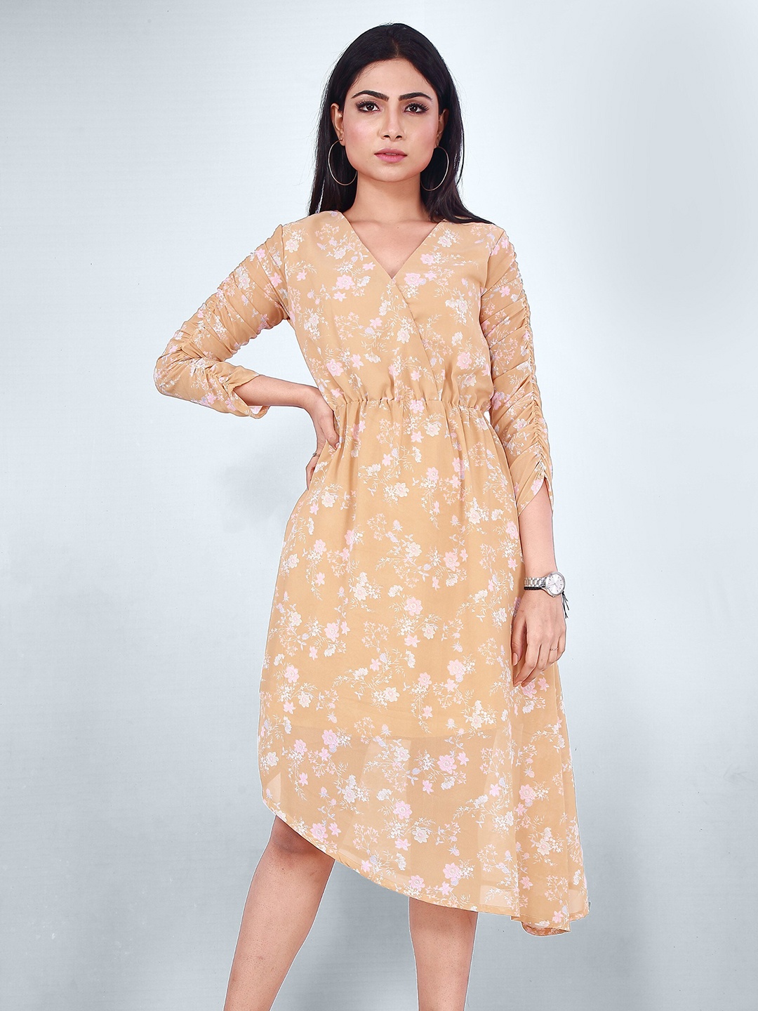 Kiwie Floral Printed V-Neck Ruched Sleeves Gathered Georgette A-Line Dress, Beige