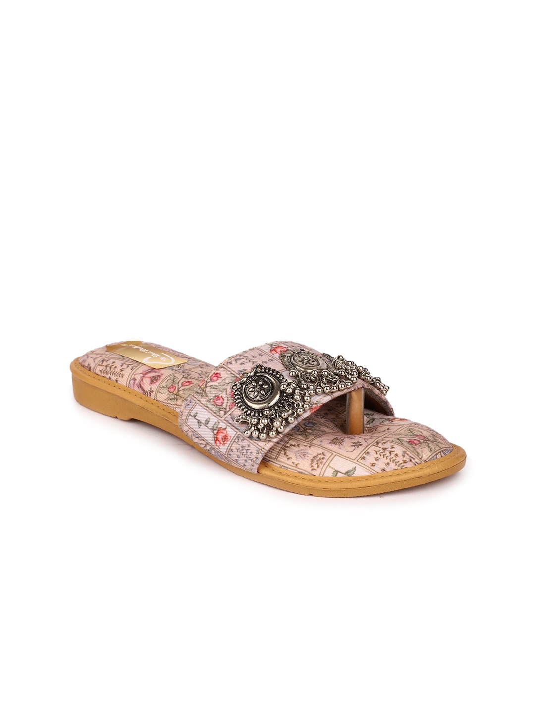 The Desi Dulhan Printed Embellished Open Toe Flats, Beige