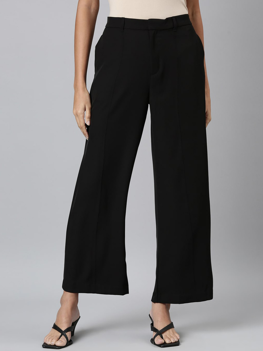 Go Colors Women High-Rise Parallel Trousers, Black 
Go Colors Women High-Rise Parallel Trousers, Black