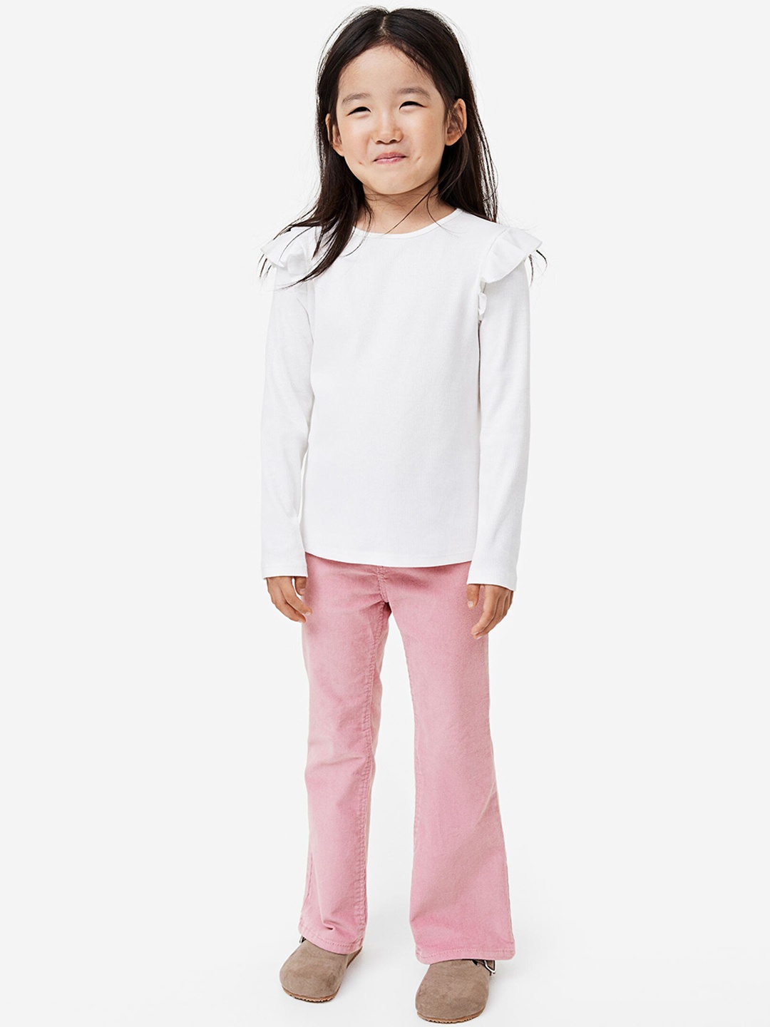 H&M Girls Flared Pull-on Corduroy Trousers, Pink