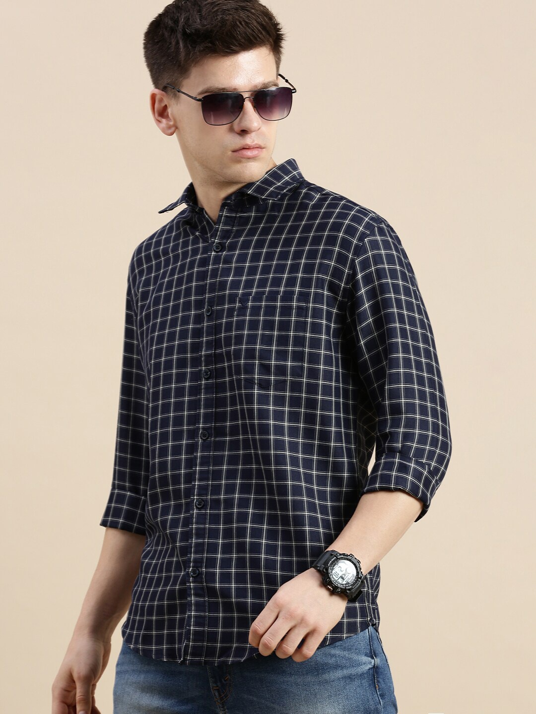 SHOWOFF Standard Slim Fit Checked Spread Collar Long Sleeves Cotton Casual Shirt, Navy blue
SHOWOFF Standard Slim Fit Checked Spread Collar Long Sleeves Cotton Casual Shirt, Navy blue