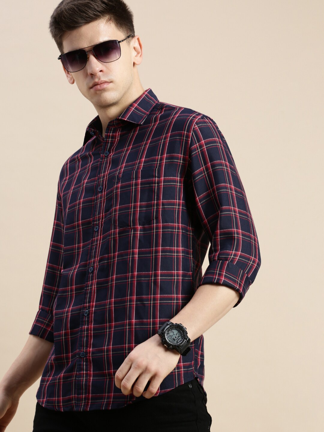 SHOWOFF Standard Slim Fit Checked Spread Collar Long Sleeves Cotton Casual Shirt, Navy blue
SHOWOFF Standard Slim Fit Checked Spread Collar Long Sleeves Cotton Casual Shirt, Navy blue