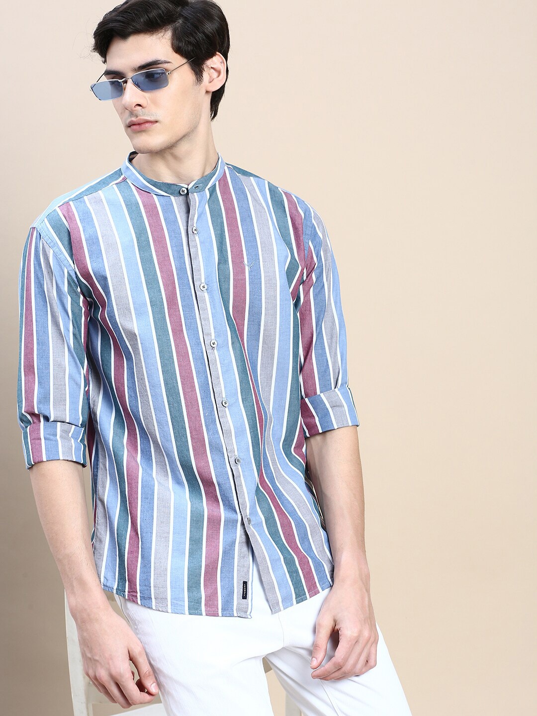 SHOWOFF Standard Slim Fit Striped Mandarin Collar Long Sleeves Cotton Casual Shirt, Blue
SHOWOFF Standard Slim Fit Striped Mandarin Collar Long Sleeves Cotton Casual Shirt, Blue