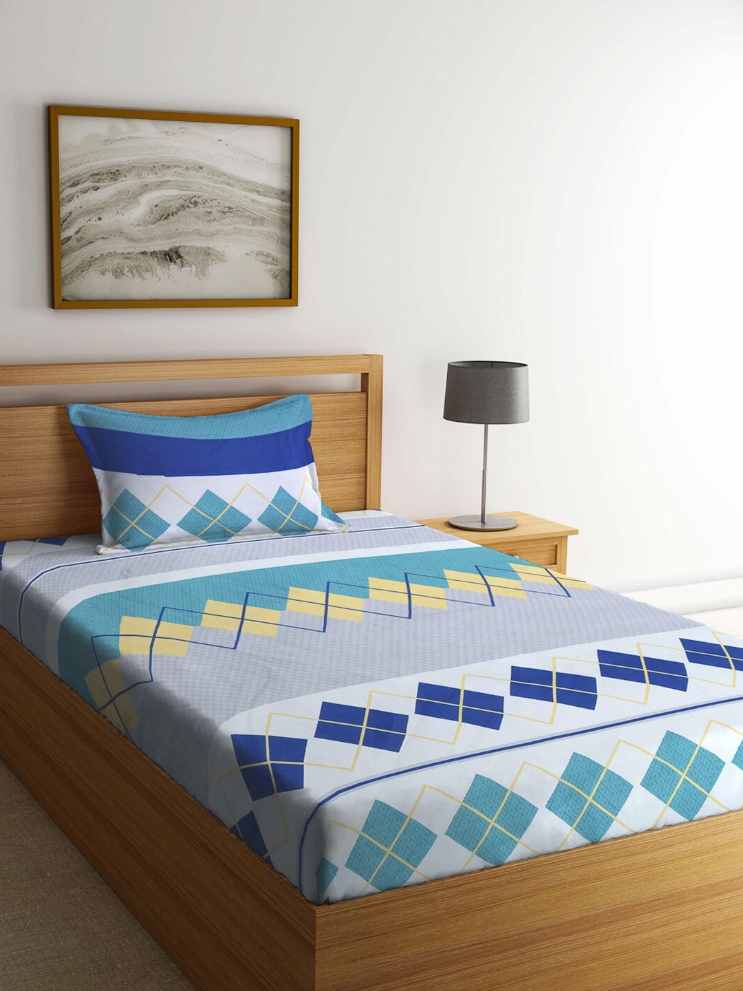 KLOTTHE Blue & White Geometric Printed 300 TC Fitted Single Bedsheet With Pillow Cover
KLOTTHE Blue & White Geometric Printed 300 TC Fitted Single Bedsheet With Pillow Cover