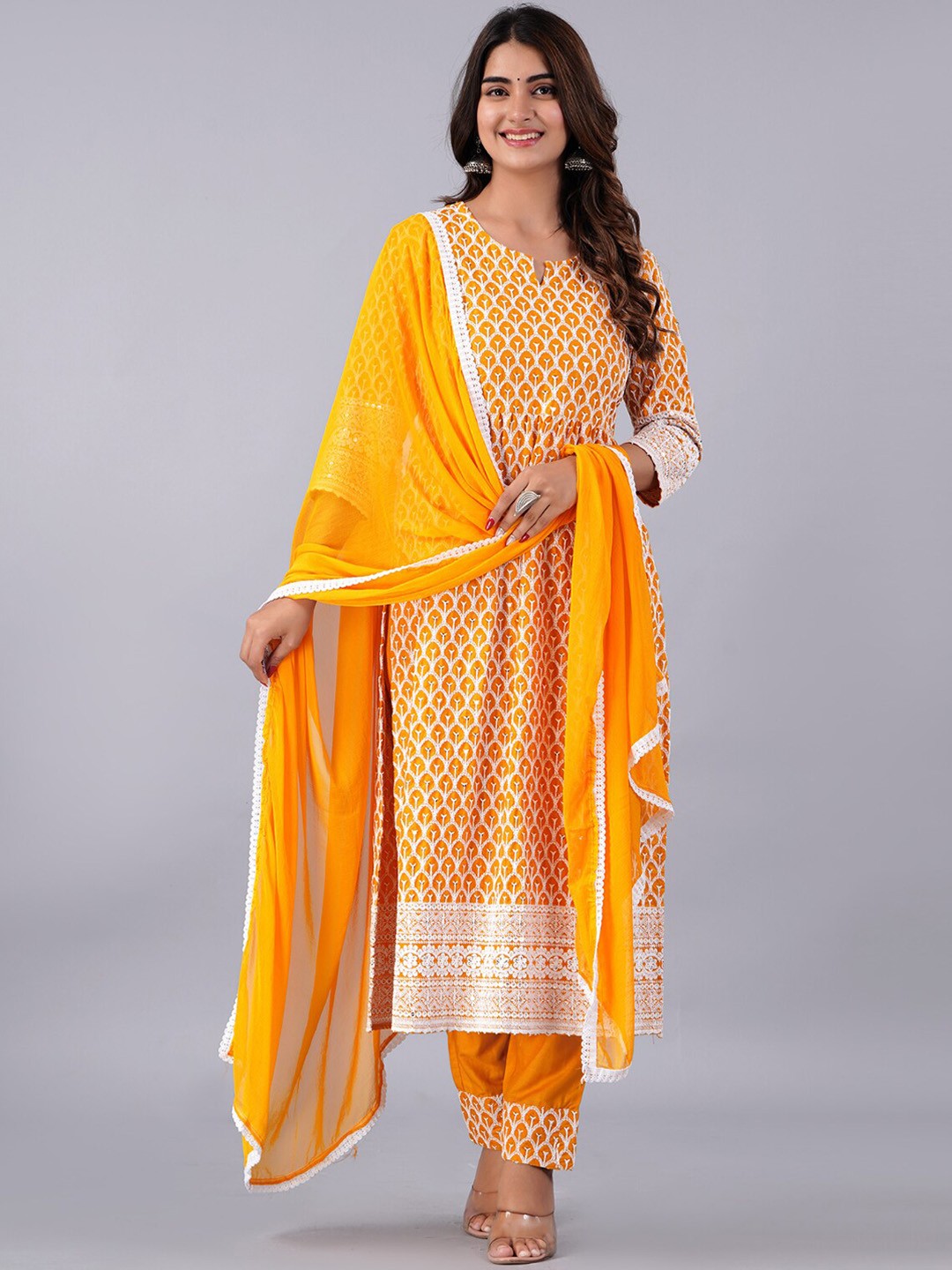 Bachuu Ethnic Motifs Embroidered Chikankari A-Line Kurta With Trousers & Dupatta, Yellow
Bachuu Ethnic Motifs Embroidered Chikankari A-Line Kurta With Trousers & Dupatta, Yellow