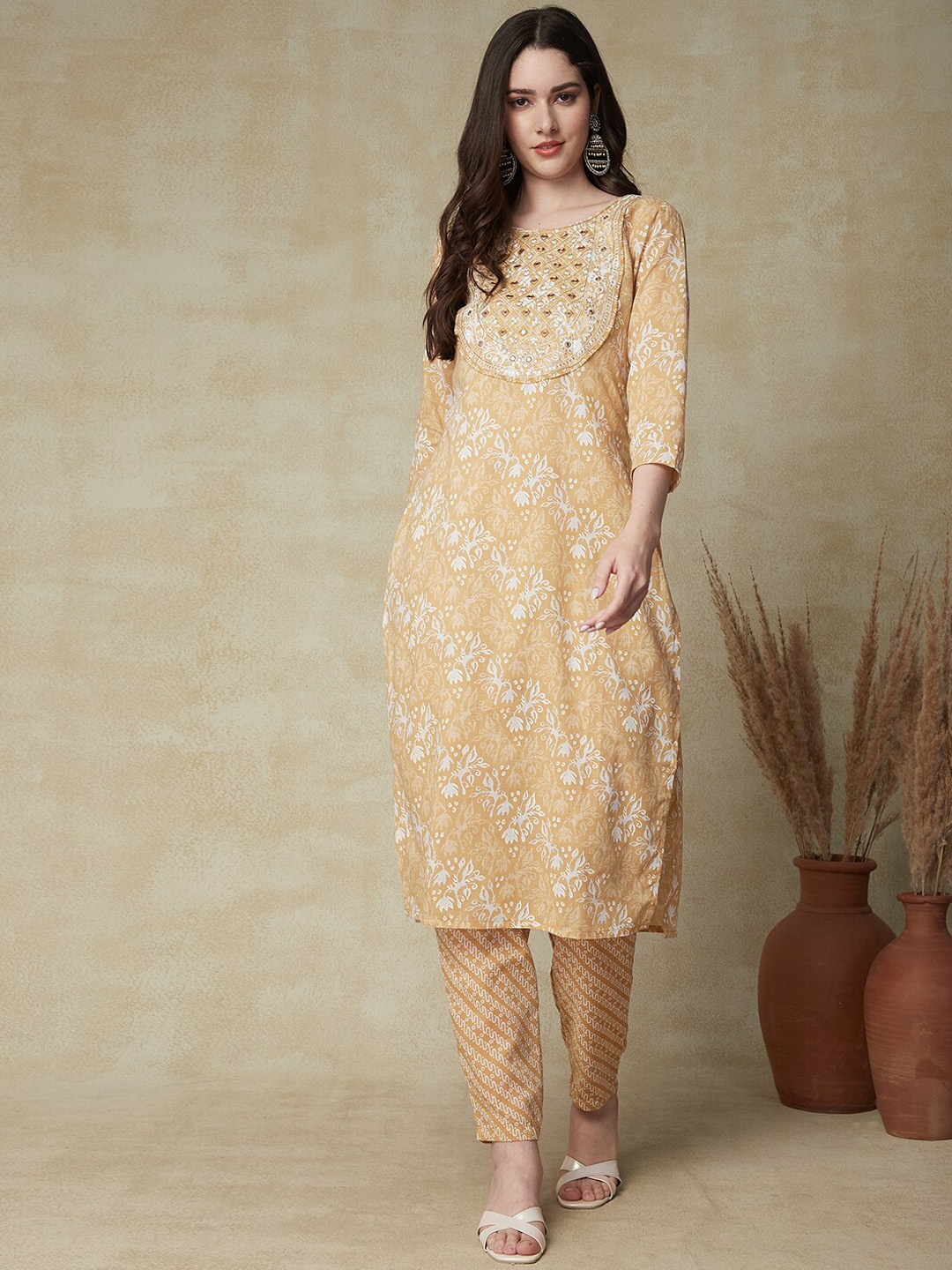 FASHOR Mustard Yellow Floral Printed Mirror Work Pure Cotton Kurta & Trousers With Dupatta
FASHOR Mustard Yellow Floral Printed Mirror Work Pure Cotton Kurta & Trousers With Dupatta