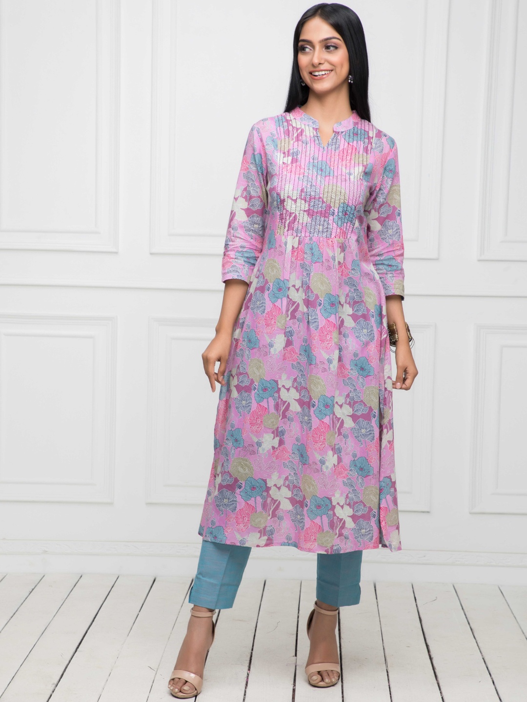 Sangria Lavender Floral Printed A-line Kurta