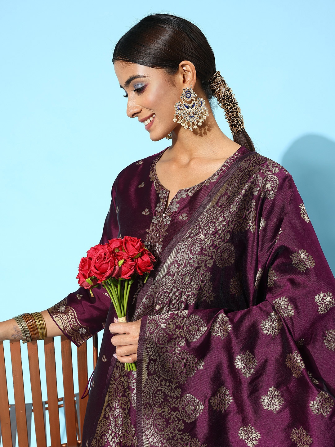 Indo Era Women Ethnic Motifs Regular Chanderi Silk Kurta with Palazzos & With Dupatta, Burgundy
Indo Era Women Ethnic Motifs Regular Chanderi Silk Kurta with Palazzos & With Dupatta, Burgundy