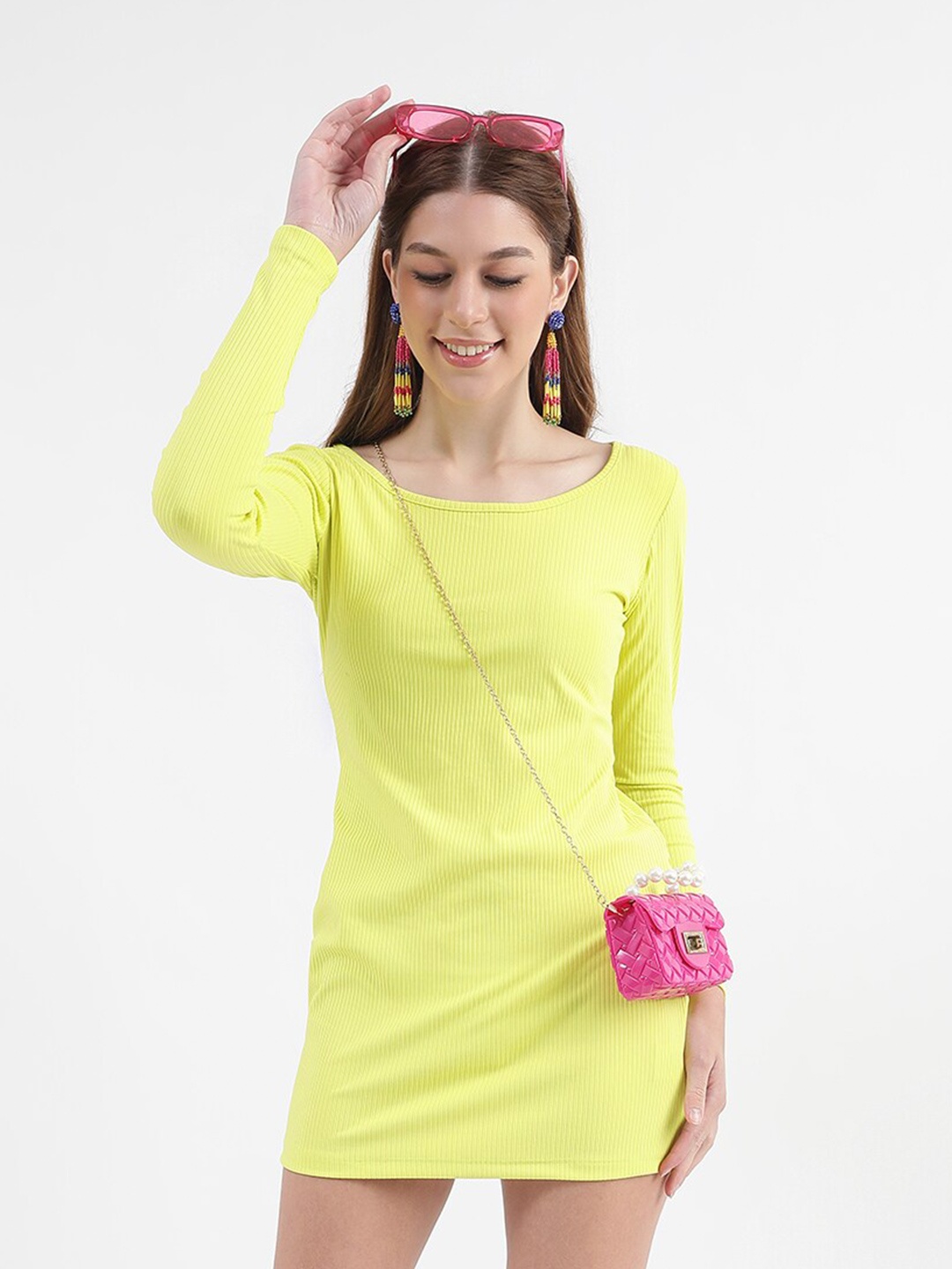 Virgio Self Design Round Neck Sheath Dress, Yellow