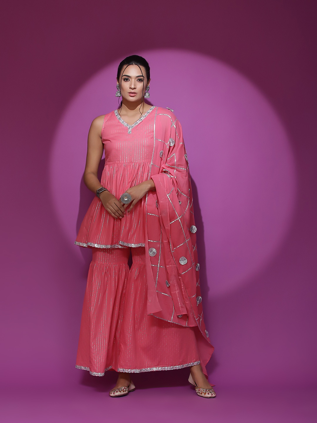 AKS Couture Striped Empire Sequinned Pure Cotton Kurta with Sharara & With Dupatta, Pink
AKS Couture Striped Empire Sequinned Pure Cotton Kurta with Sharara & With Dupatta, Pink