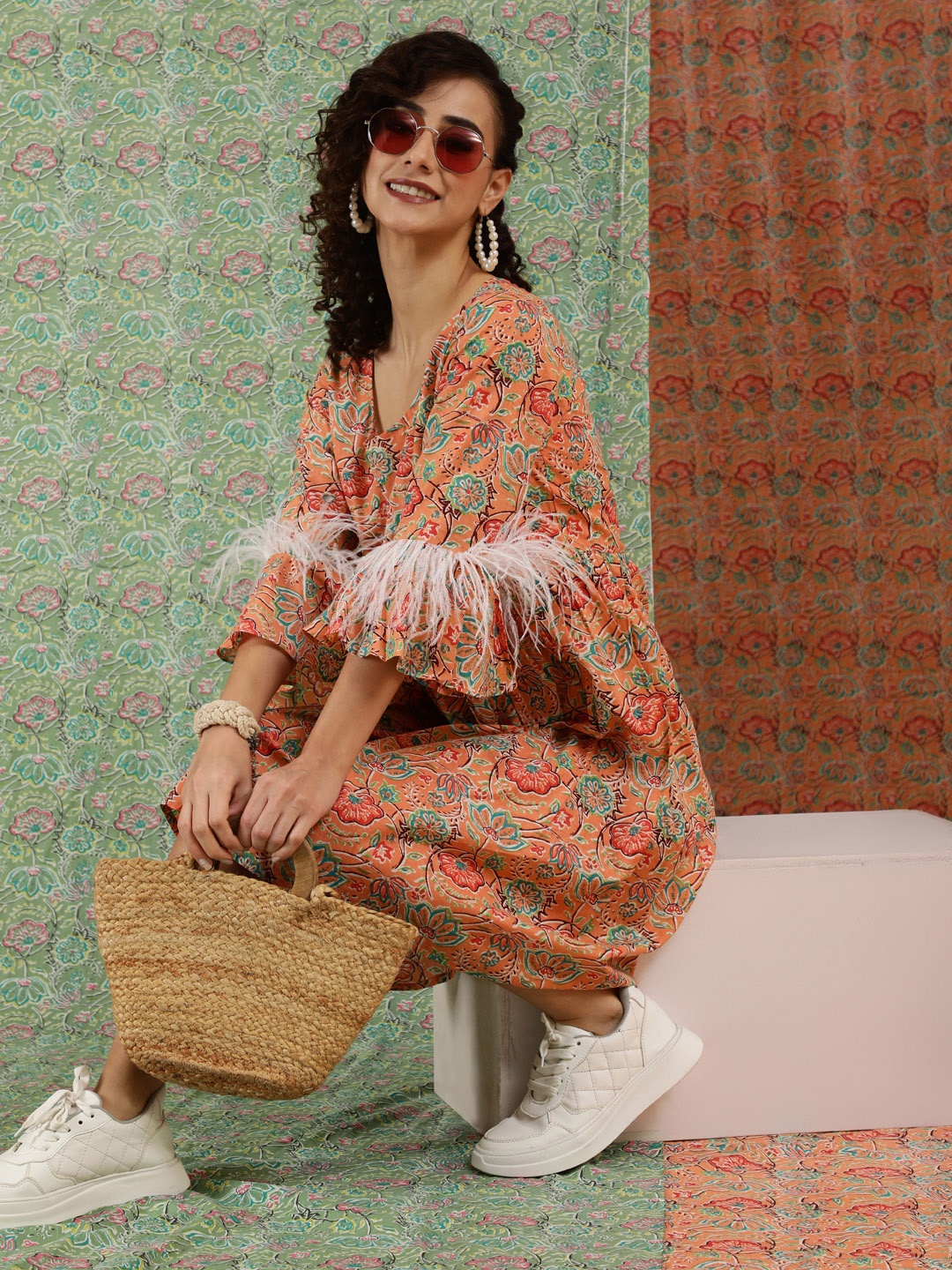 AKS Round Neck Floral Printed Flared Sleeve Gathered Cotton A-Line Ethnic Dress, Peach
AKS Round Neck Floral Printed Flared Sleeve Gathered Cotton A-Line Ethnic Dress, Peach