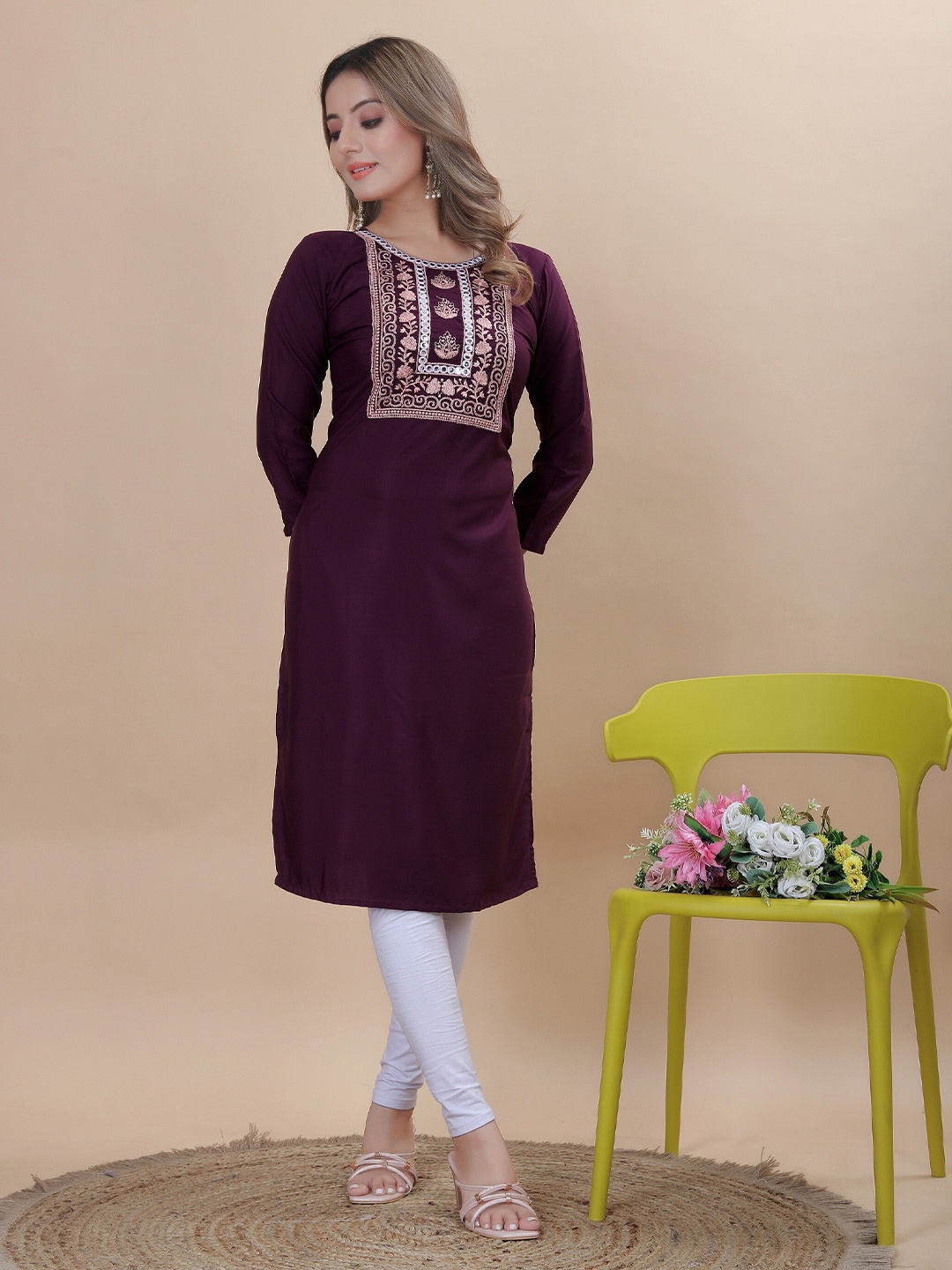 KALINI Ethnic Motifs Yoke Design Mirror Work Kurta, Purple