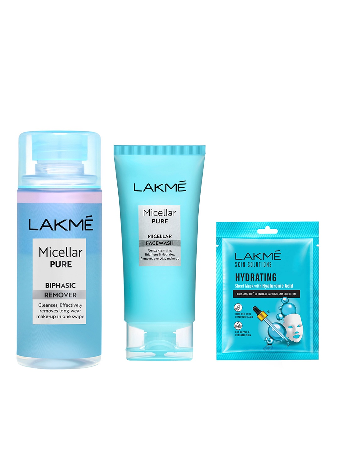 Lakme Micellar Pure Biphasic Remover 100 ml+Face Wash 50g+Hydrating Sheet Mask 25ml, Blue
Lakme Micellar Pure Biphasic Remover 100 ml+Face Wash 50g+Hydrating Sheet Mask 25ml, Blue
