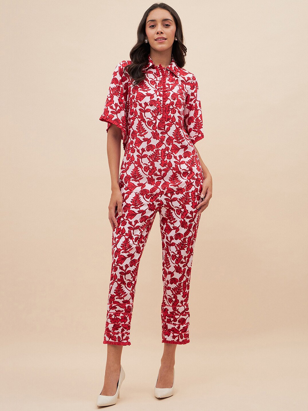 Femella Floral Printed Top With Trousers, Red