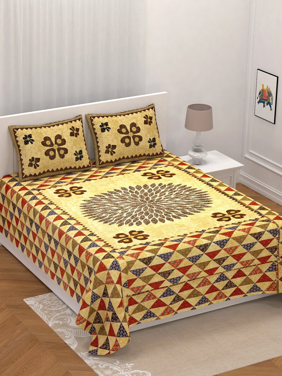 UNIQCHOICE Yellow & Green Ethnic Motifs Pure Cotton 210 TC King Bedsheet & 2 Pillow Covers
UNIQCHOICE Yellow & Green Ethnic Motifs Pure Cotton 210 TC King Bedsheet & 2 Pillow Covers