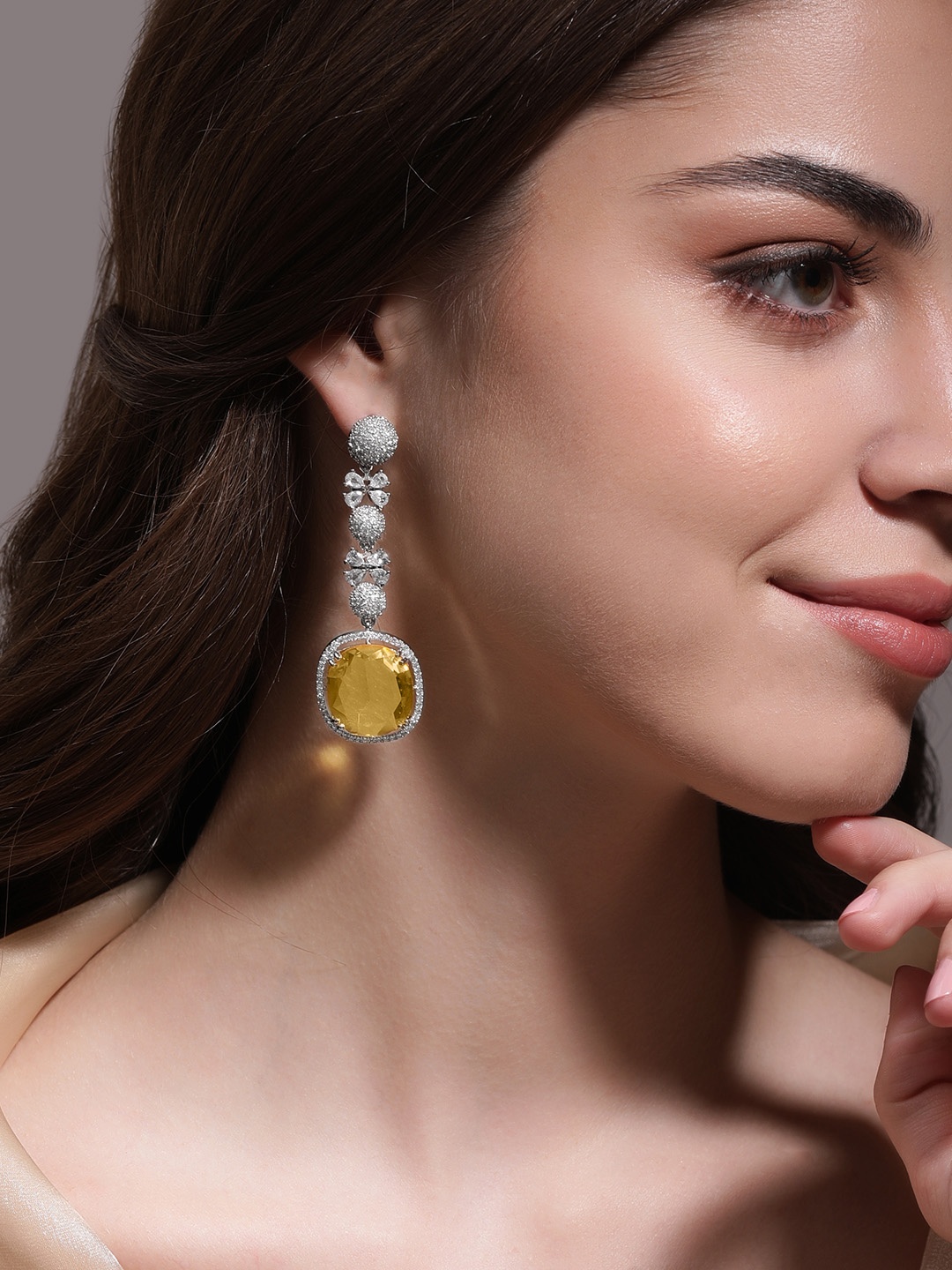 Rubans Rhodium Plated Yellow Sapphire & Cubic Zirconia Studded Drop Earrings, Silver
Rubans Rhodium Plated Yellow Sapphire & Cubic Zirconia Studded Drop Earrings, Silver