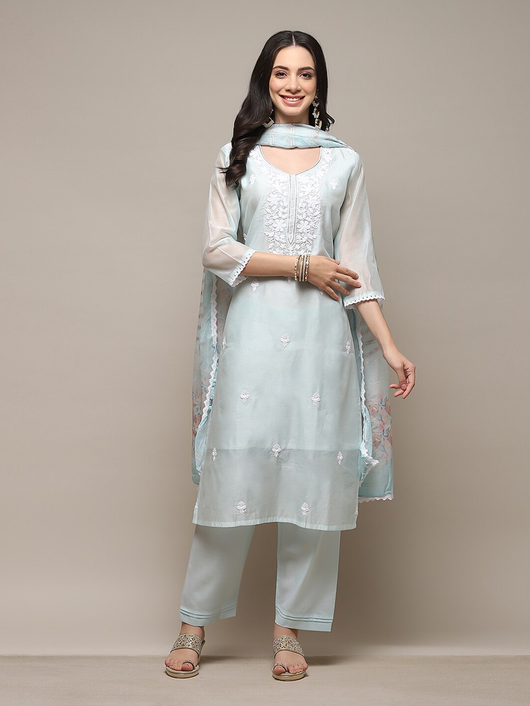 Biba Floral Embroidered Unstitched Dress Material, Blue