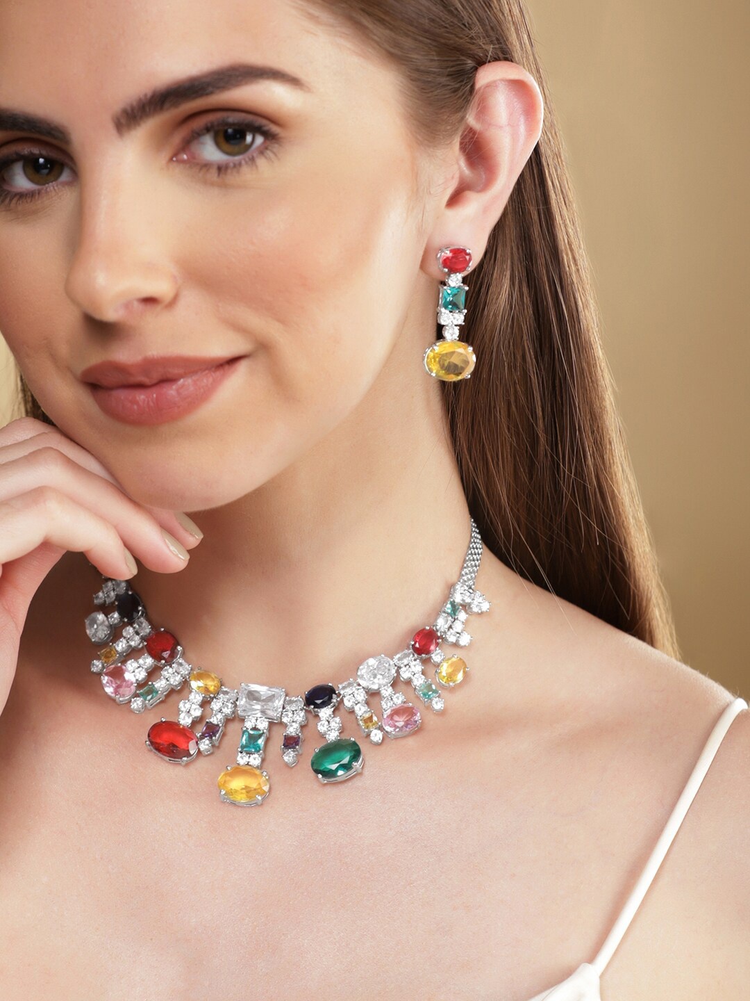 Rubans Rhodium Plated Multicolor Crystal Cubic Zirconia Studded Statement Necklace Set, Silver
Rubans Rhodium Plated Multicolor Crystal Cubic Zirconia Studded Statement Necklace Set, Silver