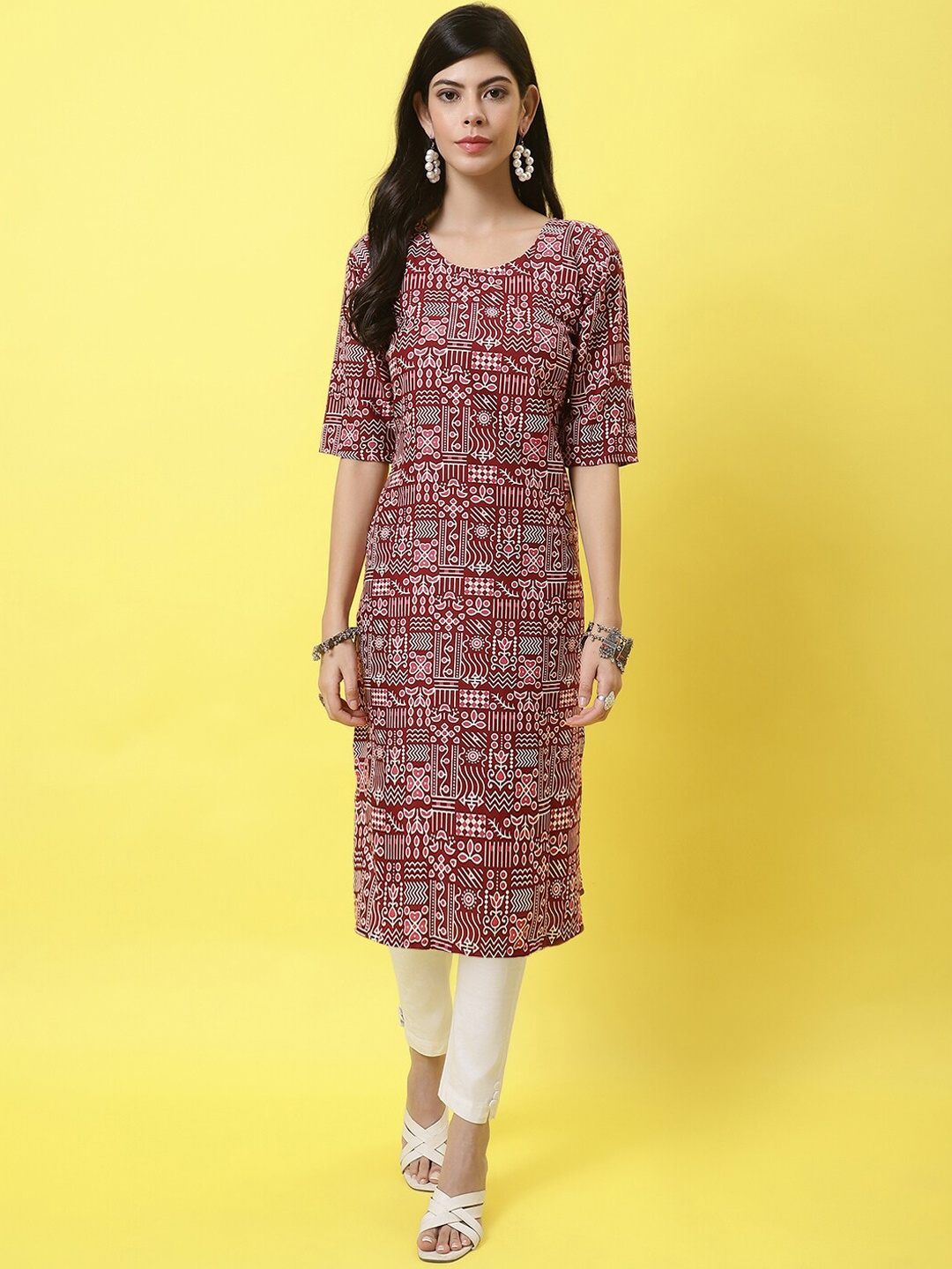 7Threads Women Multicoloured Geometric Checked Flared Sleeves Mirror Work Crepe Kurta, Multi
7Threads Women Multicoloured Geometric Checked Flared Sleeves Mirror Work Crepe Kurta, Multi