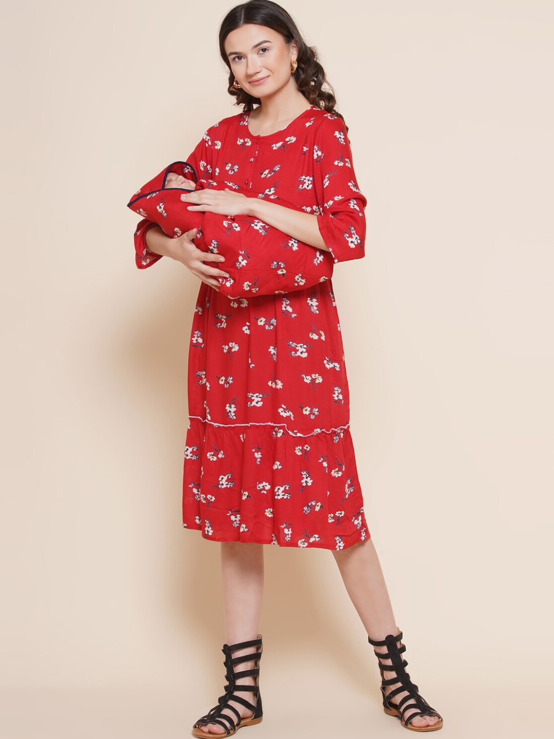 Mine4Nine Floral Print Maternity Fit & Flare Midi Dress With Baby Wrap, Red