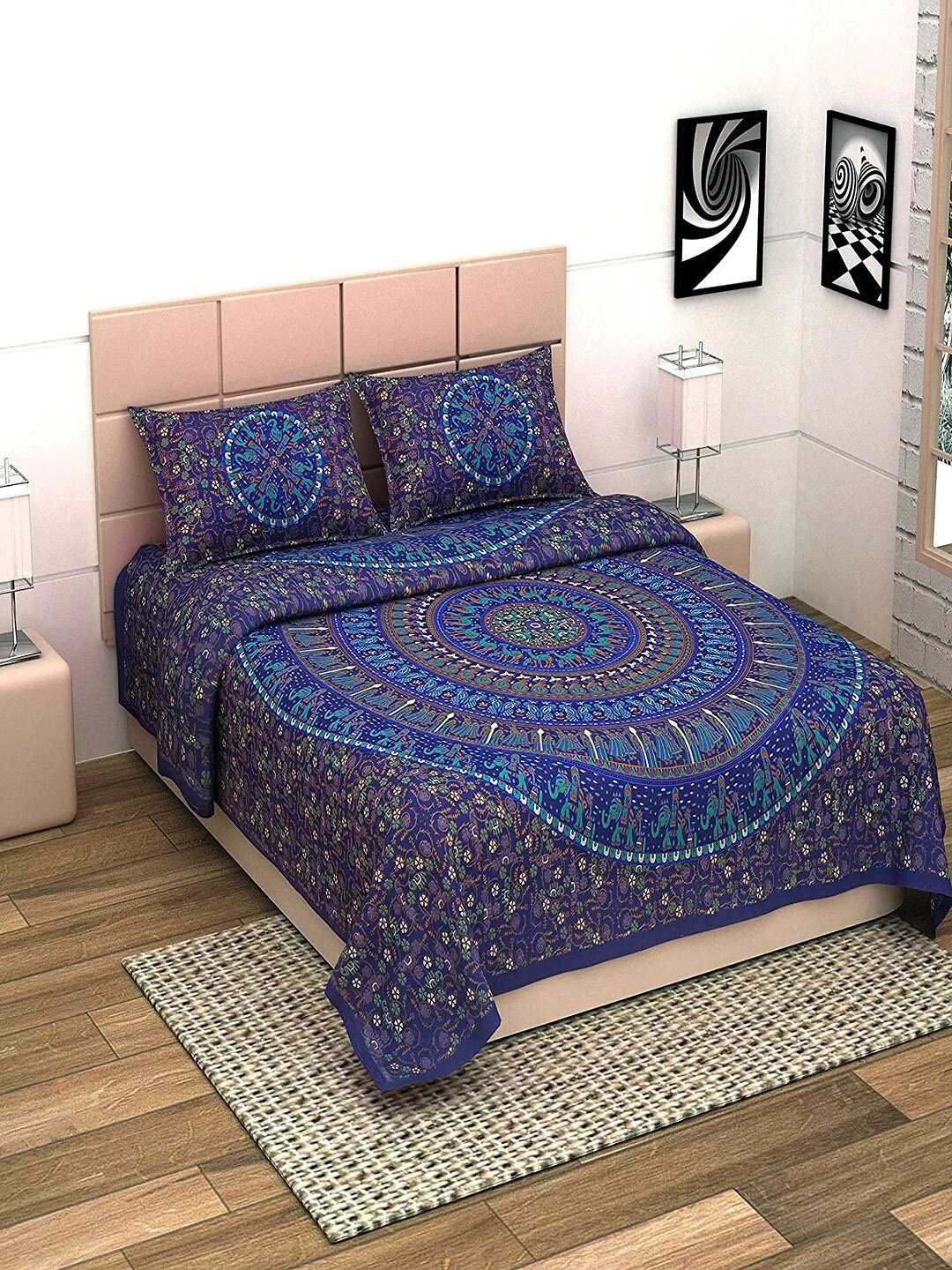 UNIQCHOICE Blue & White Ethnic Pure Cotton 144 TC King Bedsheet With 2 Pillow Covers