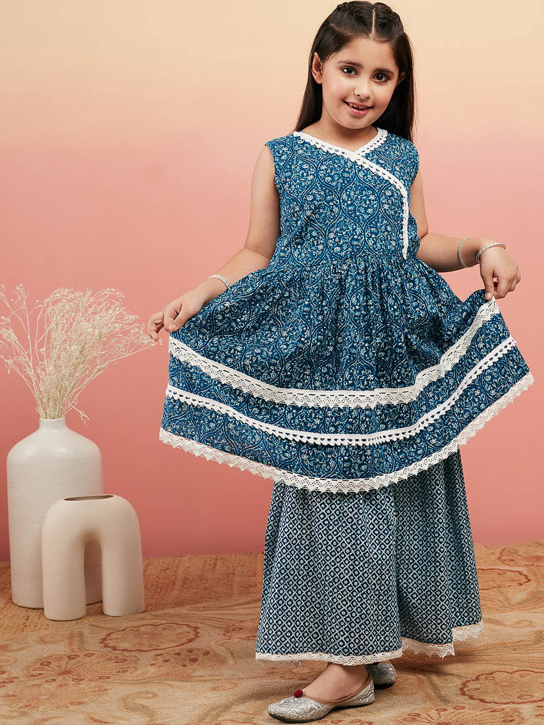Sangria Girls Floral Printed Pure Cotton Gotta Patti Angrakha Kurta With Sharara, Blue
Sangria Girls Floral Printed Pure Cotton Gotta Patti Angrakha Kurta With Sharara, Blue