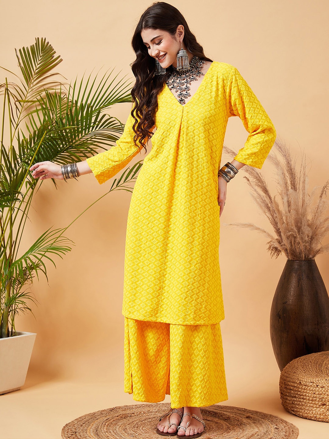 Sangria Geometric Embroidered Chikankari Sequinned A-Line Kurta With Palazzo Set, Yellow
Sangria Geometric Embroidered Chikankari Sequinned A-Line Kurta With Palazzo Set, Yellow