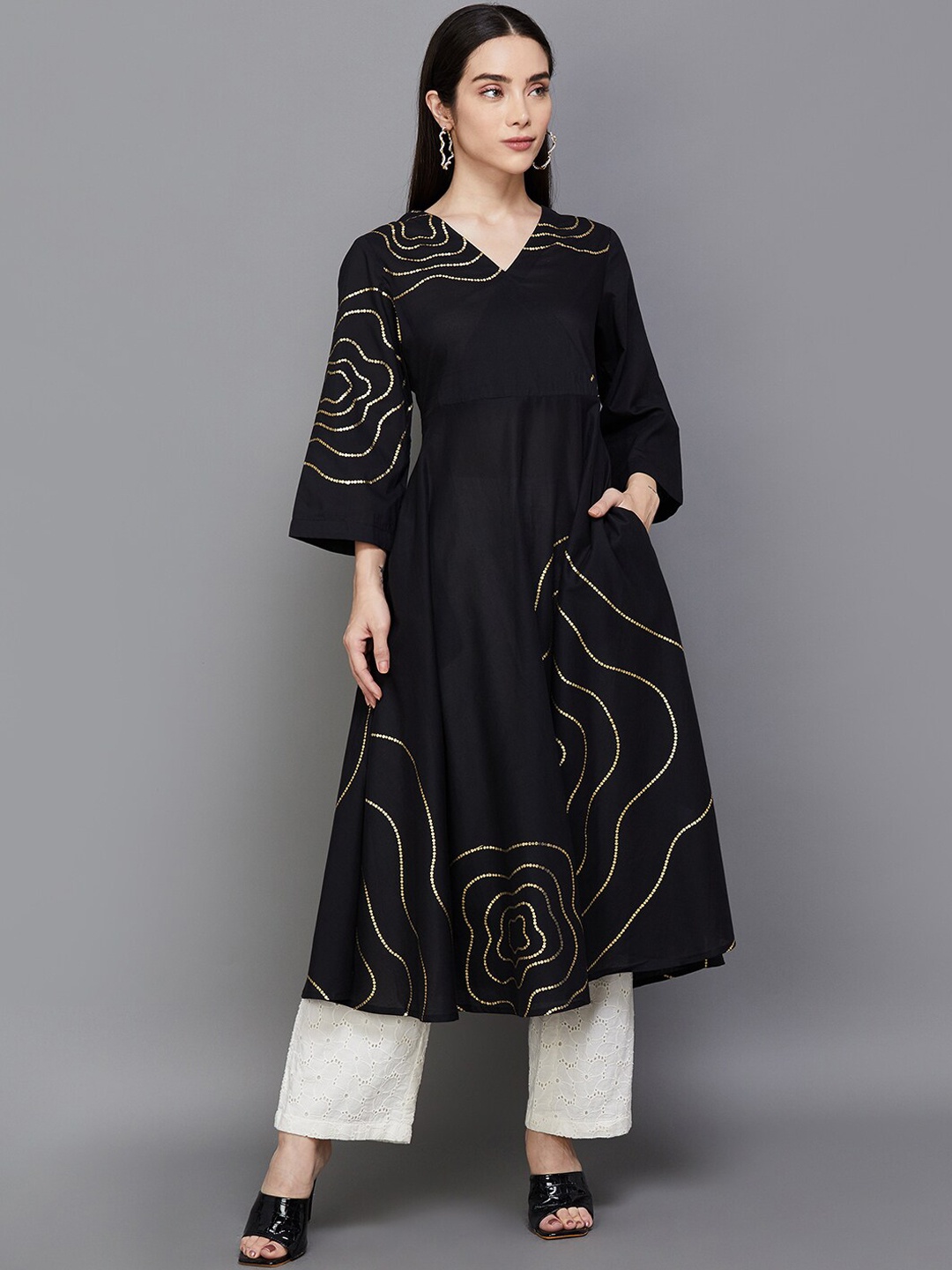 Melange by Lifestyle Embroidered Flared Sleeves Gotta Patti Pure Cotton Anarkali Kurta, Black
Melange by Lifestyle Embroidered Flared Sleeves Gotta Patti Pure Cotton Anarkali Kurta, Black