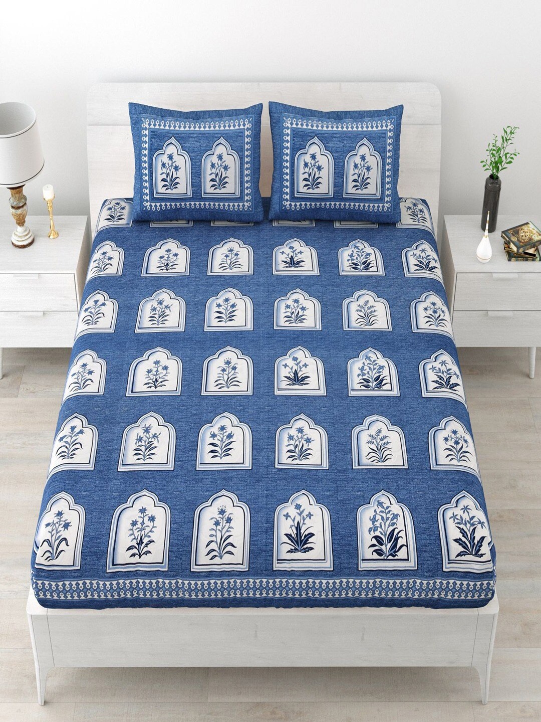 UNIQCHOICE White & Blue Ethnic Motifs Pure Cotton 120 TC Queen Bedsheet & 2 Pillow Covers
UNIQCHOICE White & Blue Ethnic Motifs Pure Cotton 120 TC Queen Bedsheet & 2 Pillow Covers