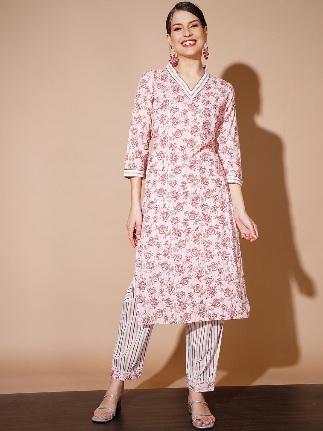 KALINI Floral Printed Regular Pure Cotton Kurta with Trousers, Pink