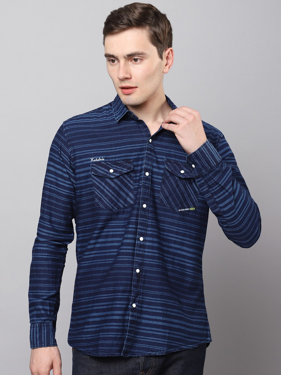 Hatcher's Slim Fit Horizontal Stripes Denim Spread Collar Organic Cotton Casual Shirt, Blue
Hatcher's Slim Fit Horizontal Stripes Denim Spread Collar Organic Cotton Casual Shirt, Blue