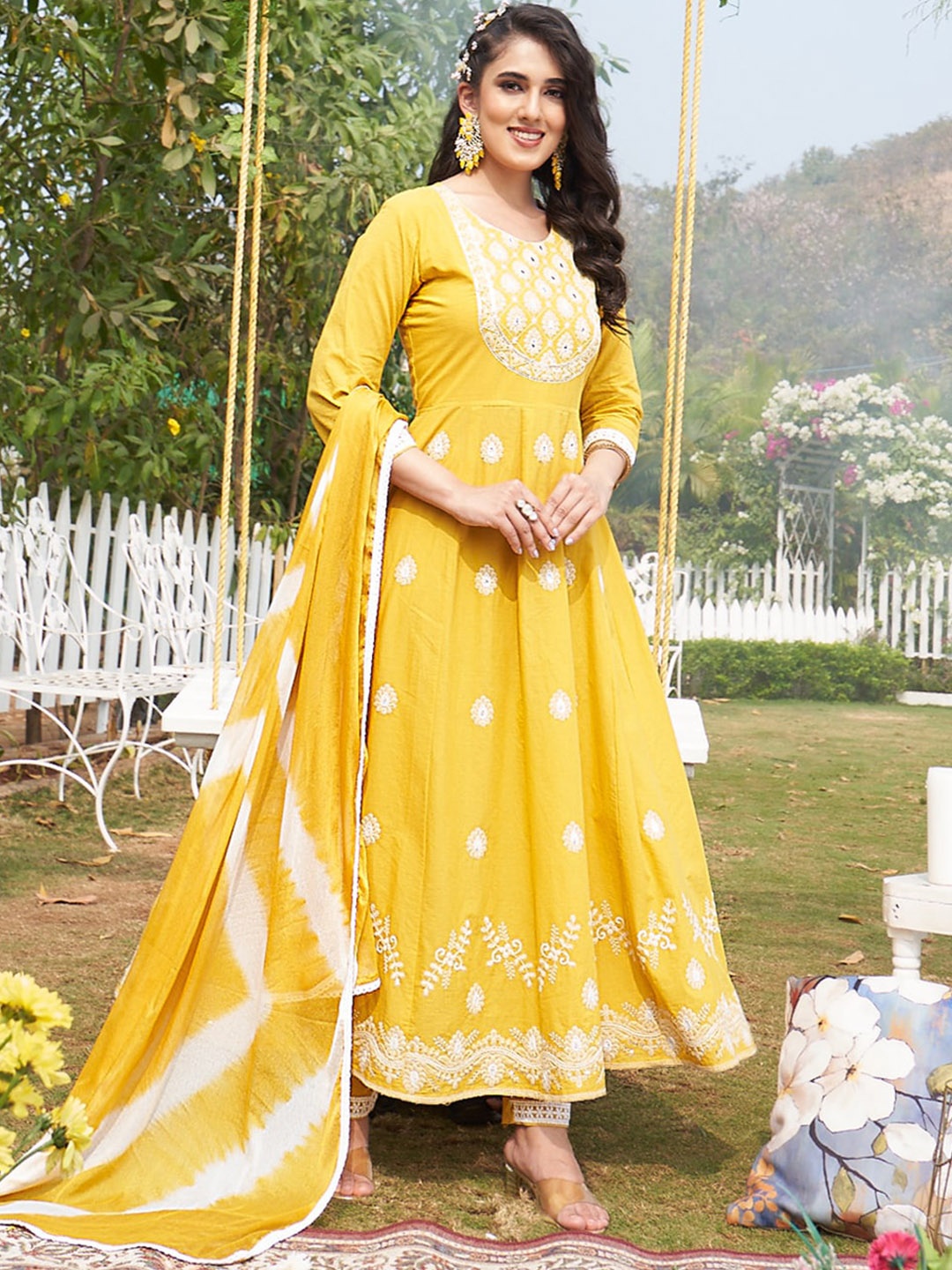 Kiana Ethnic Motifs Embroidered Anarkali Mirror Work Kurta With Trousers & Dupatta, Yellow