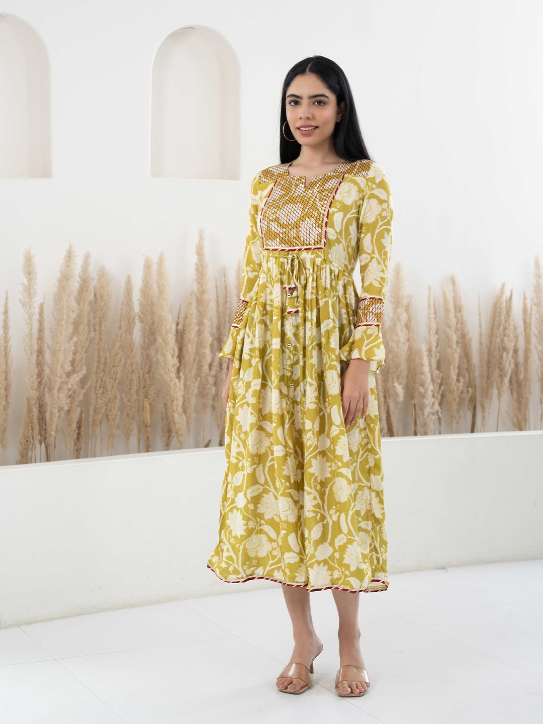 KALINI Floral Printed Bell Sleeves Lace-Up Detail Fit and Flare Midi Dress, Mustard
KALINI Floral Printed Bell Sleeves Lace-Up Detail Fit and Flare Midi Dress, Mustard