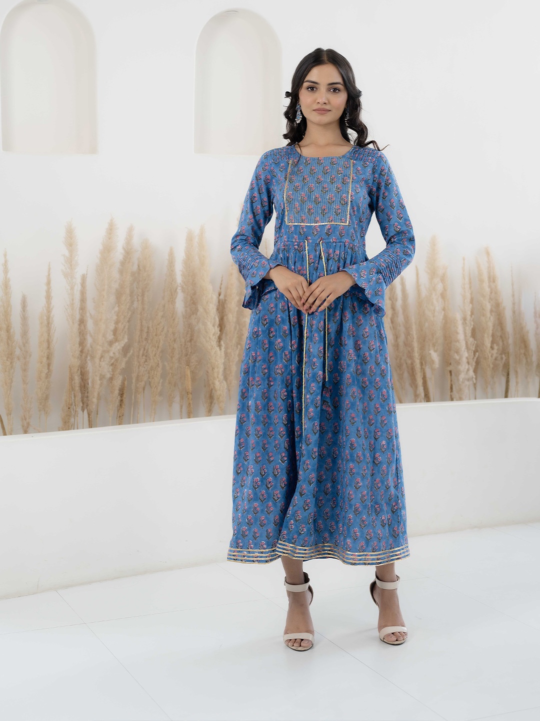 KALINI Ethnic Motifs Printed Bell Sleeves Lace-Up Cotton Fit and Flare Maxi Dress, Blue
KALINI Ethnic Motifs Printed Bell Sleeves Lace-Up Cotton Fit and Flare Maxi Dress, Blue