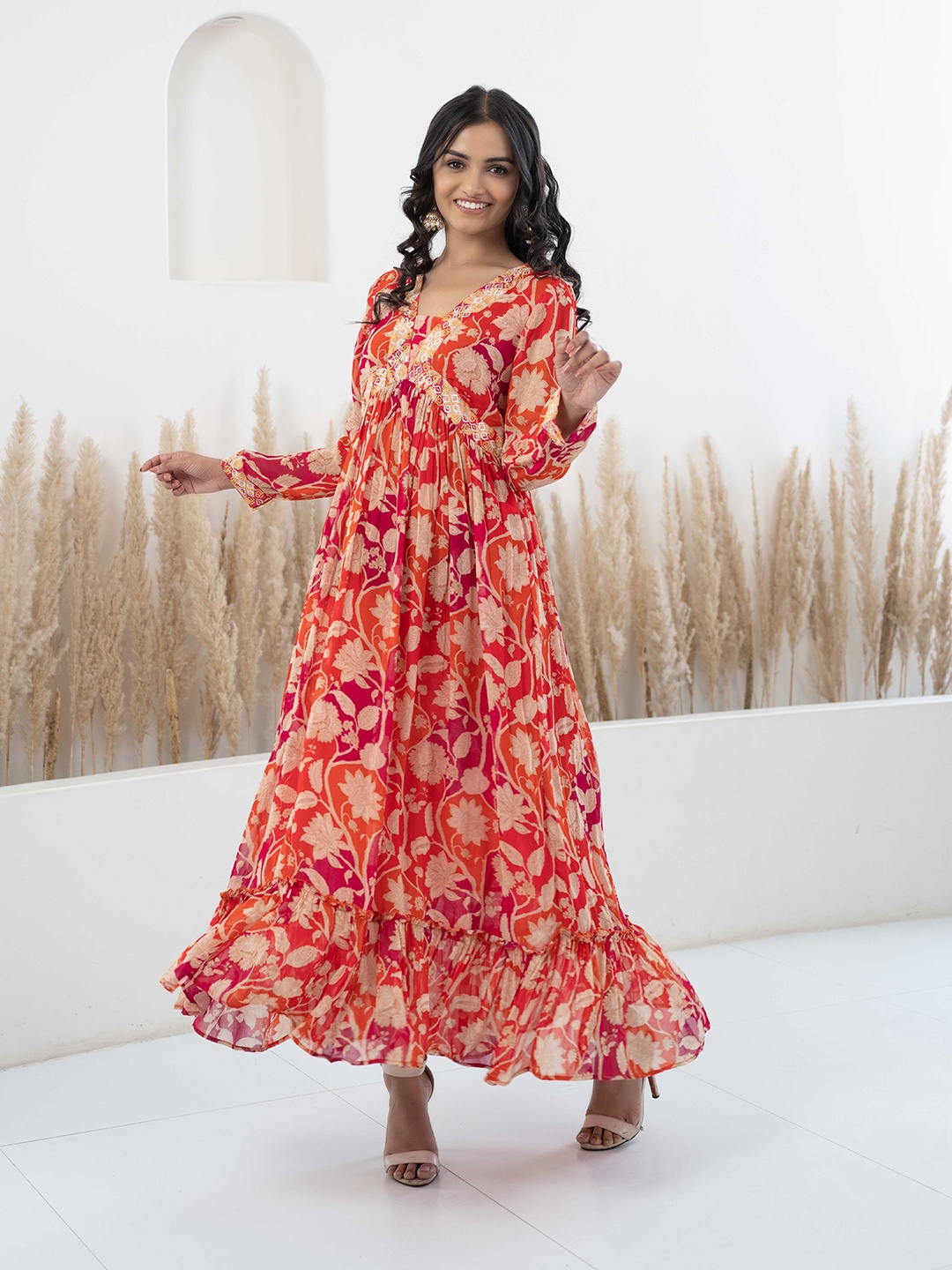 KALINI Floral Printed Maxi Ethnic Dress, Pink
