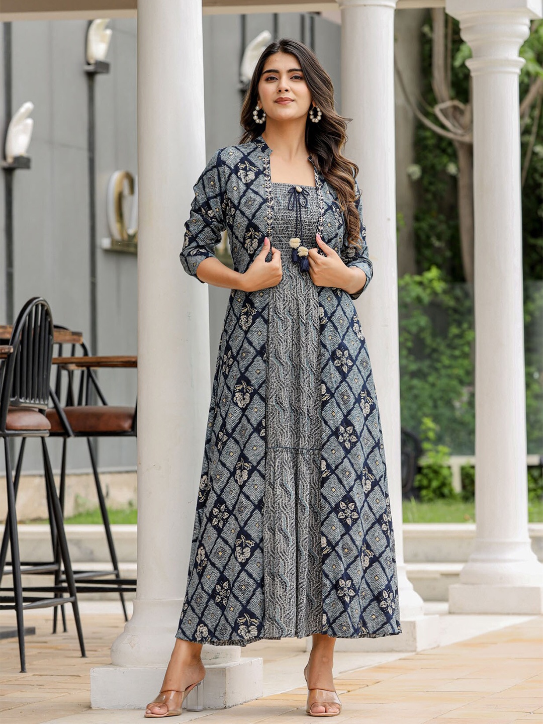 FASHION DWAR Abstract Printed Shoulder Straps Smocked Tiered Cotton Maxi Dress With Shrug, Black
FASHION DWAR Abstract Printed Shoulder Straps Smocked Tiered Cotton Maxi Dress With Shrug, Black