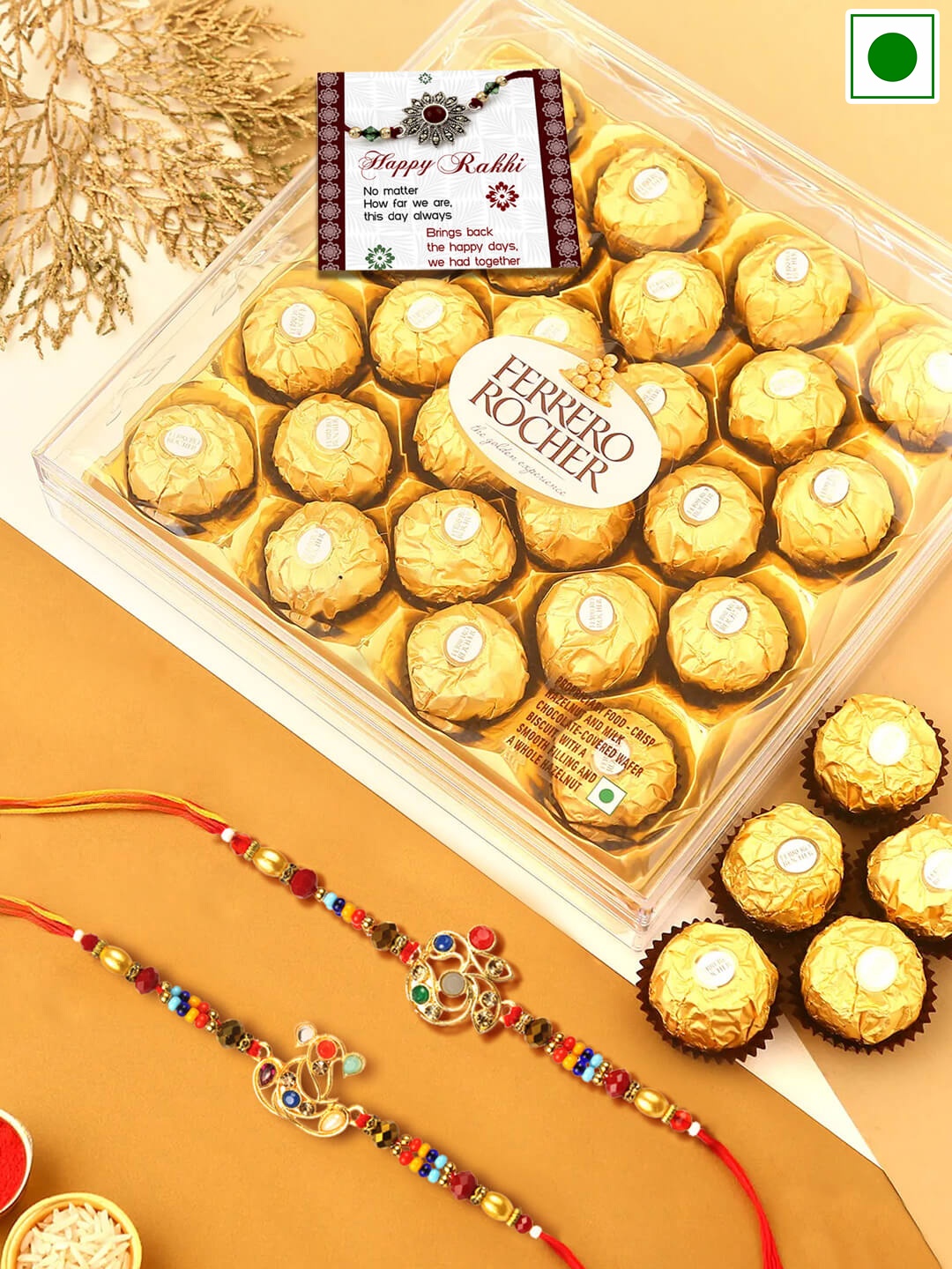 TIED RIBBONS Set Of 2 Om & Ganesh Beaded Rakhi With Ferrero Rocher Chocolate Gifts 300g, Gold
TIED RIBBONS Set Of 2 Om & Ganesh Beaded Rakhi With Ferrero Rocher Chocolate Gifts 300g, Gold