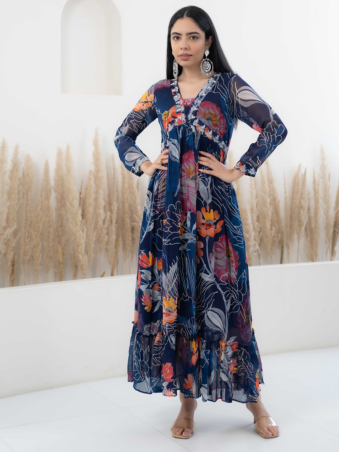 DressBerry Navy Blue Floral Print Georgette Maxi Dress