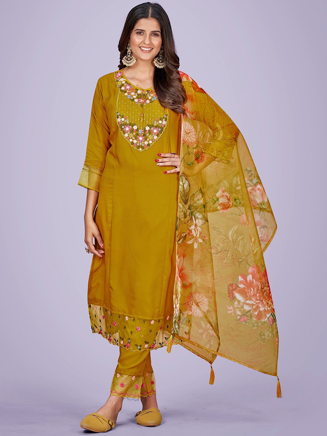 KALINI Floral Embroidered Thread Work Straight Kurta & Trousers With Dupatta, Mustard
KALINI Floral Embroidered Thread Work Straight Kurta & Trousers With Dupatta, Mustard