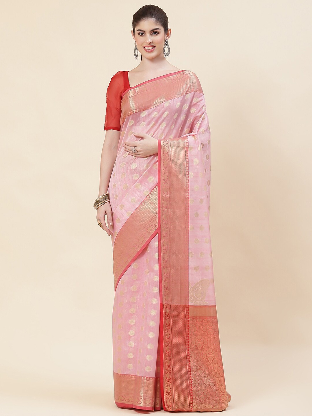 Meena Bazaar Floral Woven Design Zari Saree, Pink