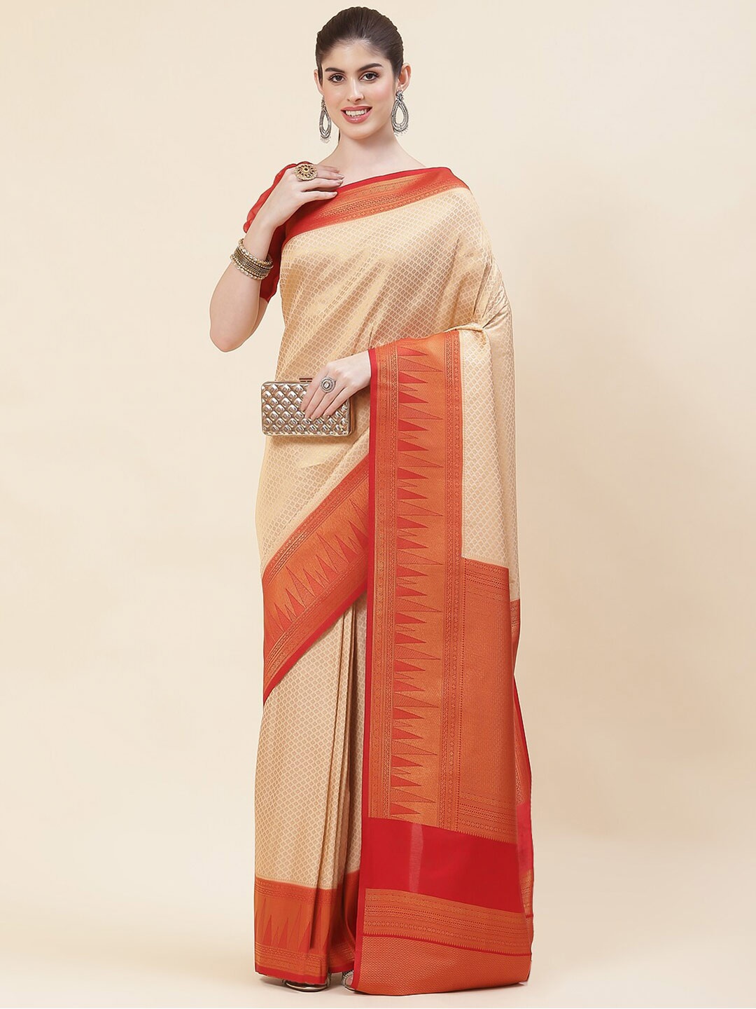 Meena Bazaar Woven Design Zari Art Silk Saree, Beige