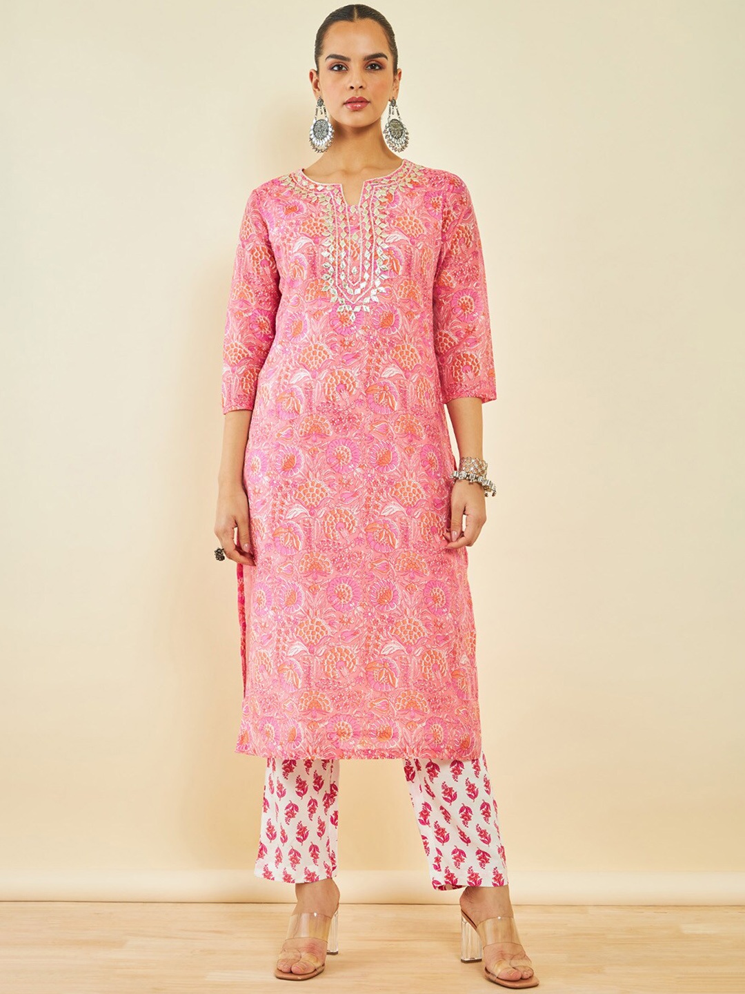 Soch Pink Floral Printed Gotta Patti Chanderi Silk Straight Kurta & Trousers With Dupatta
Soch Pink Floral Printed Gotta Patti Chanderi Silk Straight Kurta & Trousers With Dupatta