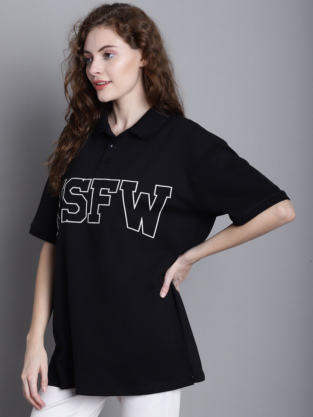 DOOR74 Typography Printed Polo Collar Drop Shoulder Sleeves Cotton Oversize T-shirt, Black
DOOR74 Typography Printed Polo Collar Drop Shoulder Sleeves Cotton Oversize T-shirt, Black