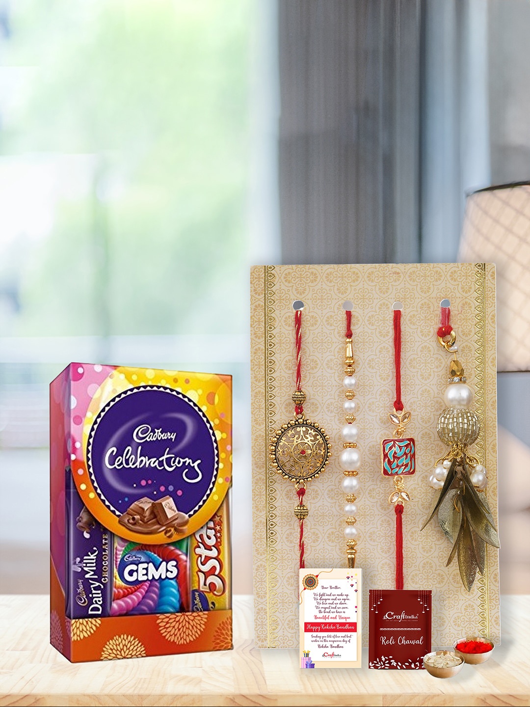 eCraftIndia Set Of 4 Pearl Beaded Rakhis With Cadbury Celebrations Chocolate Gift Set, Red
eCraftIndia Set Of 4 Pearl Beaded Rakhis With Cadbury Celebrations Chocolate Gift Set, Red