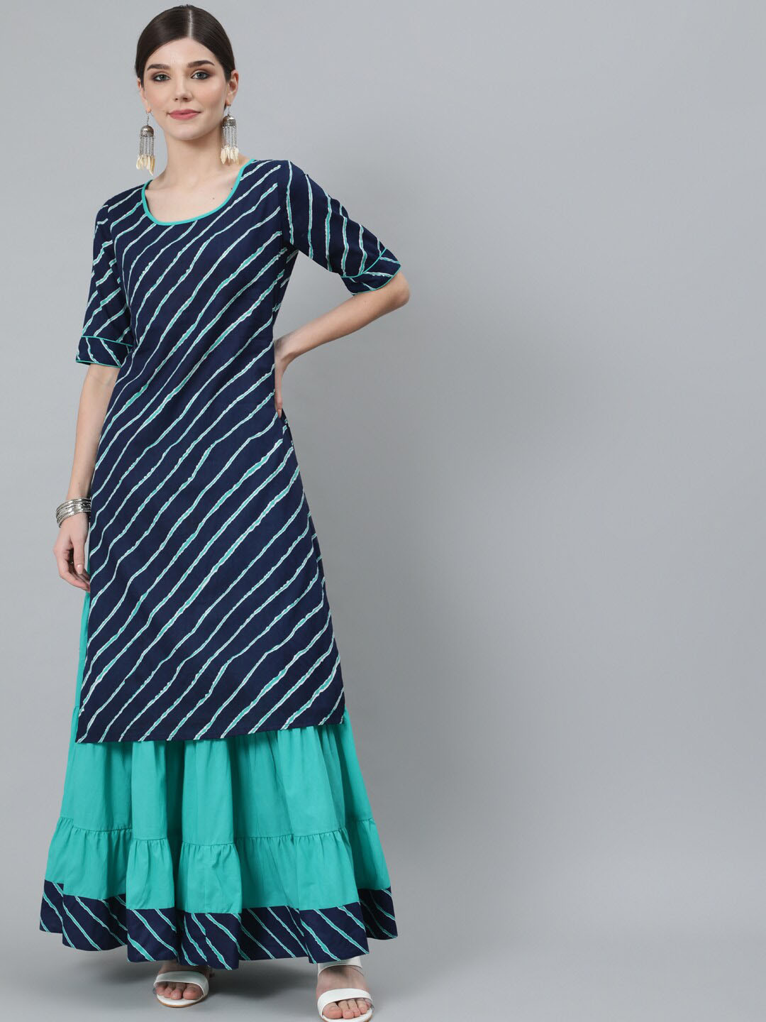 AKS Leheriya Printed Pure Cotton Kurta With Skirt, Blue 
AKS Leheriya Printed Pure Cotton Kurta With Skirt, Blue