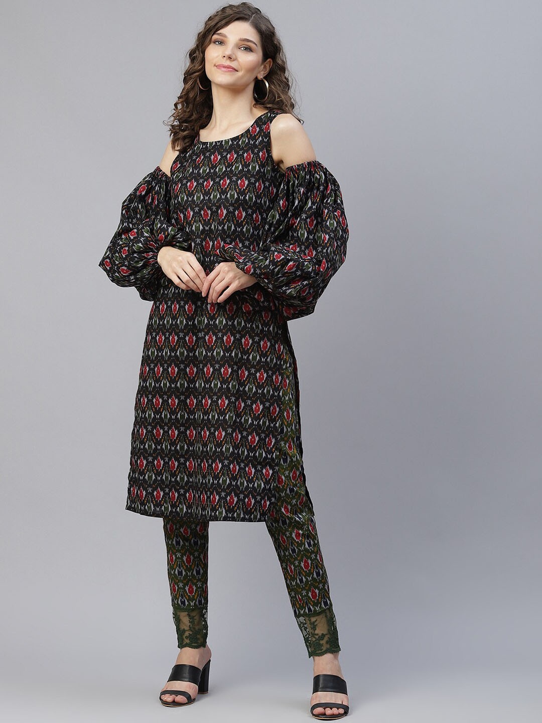 AKS Ethnic Motifs Printed Cold-Shoulder Sleeves Pure Cotton Kurta With Trousers, Black
AKS Ethnic Motifs Printed Cold-Shoulder Sleeves Pure Cotton Kurta With Trousers, Black
