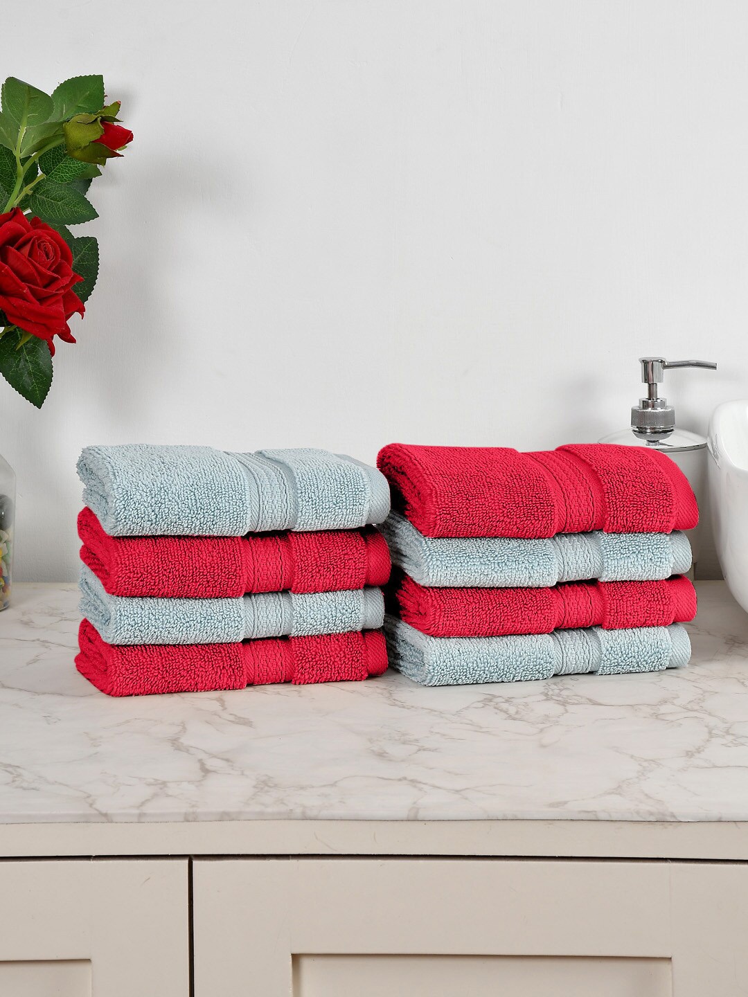 AVI Living Blue & Red 8 Pieces 550 GSM Pure Cotton Face Towels