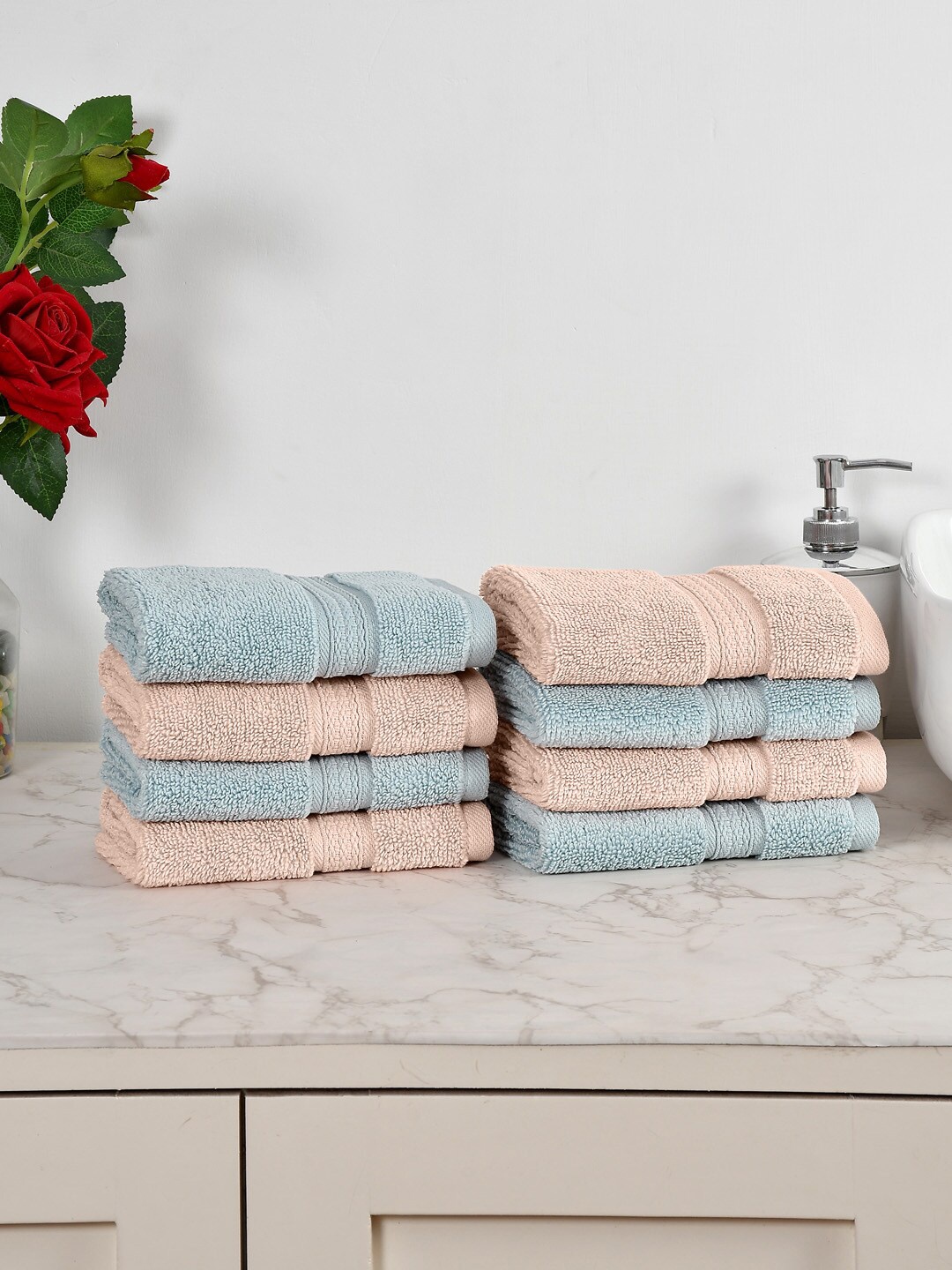 AVI Living Blue & Beige 8 Pieces 550 GSM Pure Cotton Face Towels