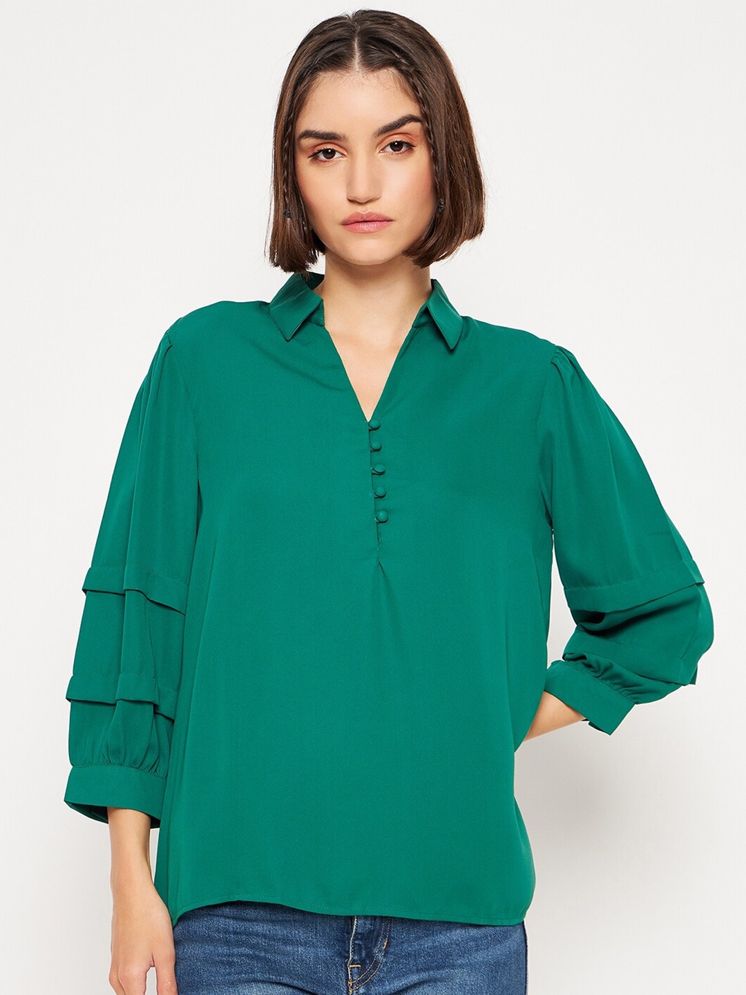 Madame Cuffed Sleeves Shirt Style Top, Green