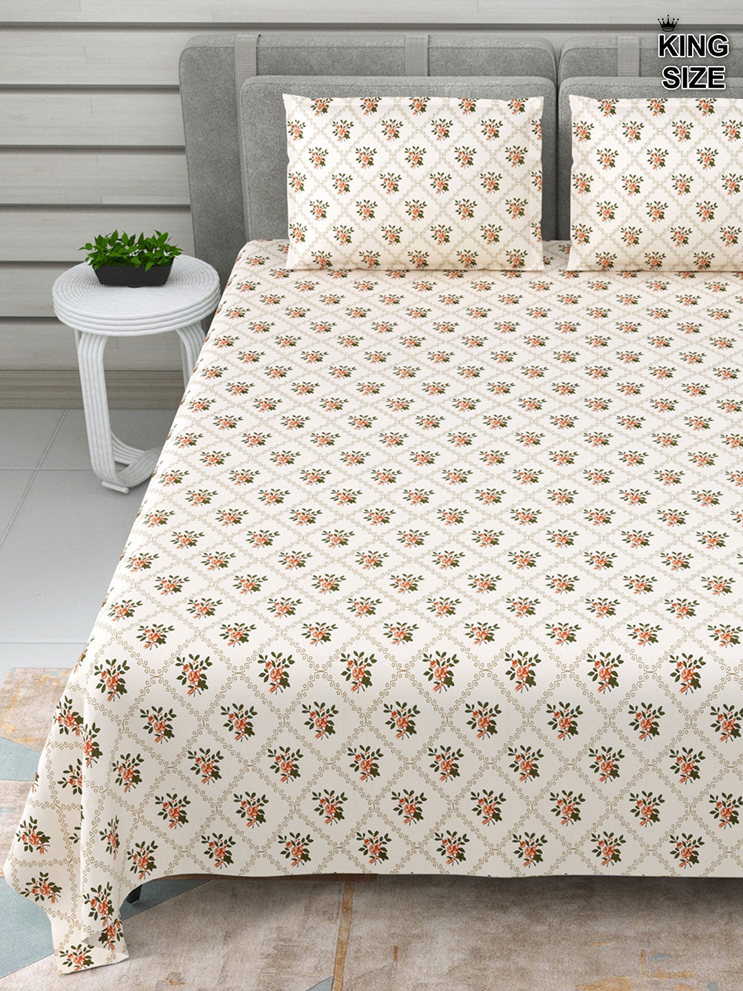 DREAM WEAVERZ Cream Floral 220TC Pure Cotton Super King Bedsheet With 2 Pillow Covers, White
DREAM WEAVERZ Cream Floral 220TC Pure Cotton Super King Bedsheet With 2 Pillow Covers, White